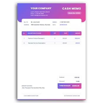 Cash Memo Format Editable Colourful Design