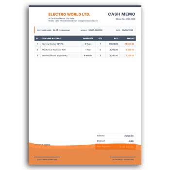 Electronics items cash memo template design editable free Download