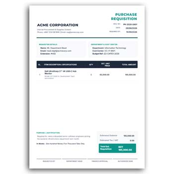 Purchase Requisition Form format design editable